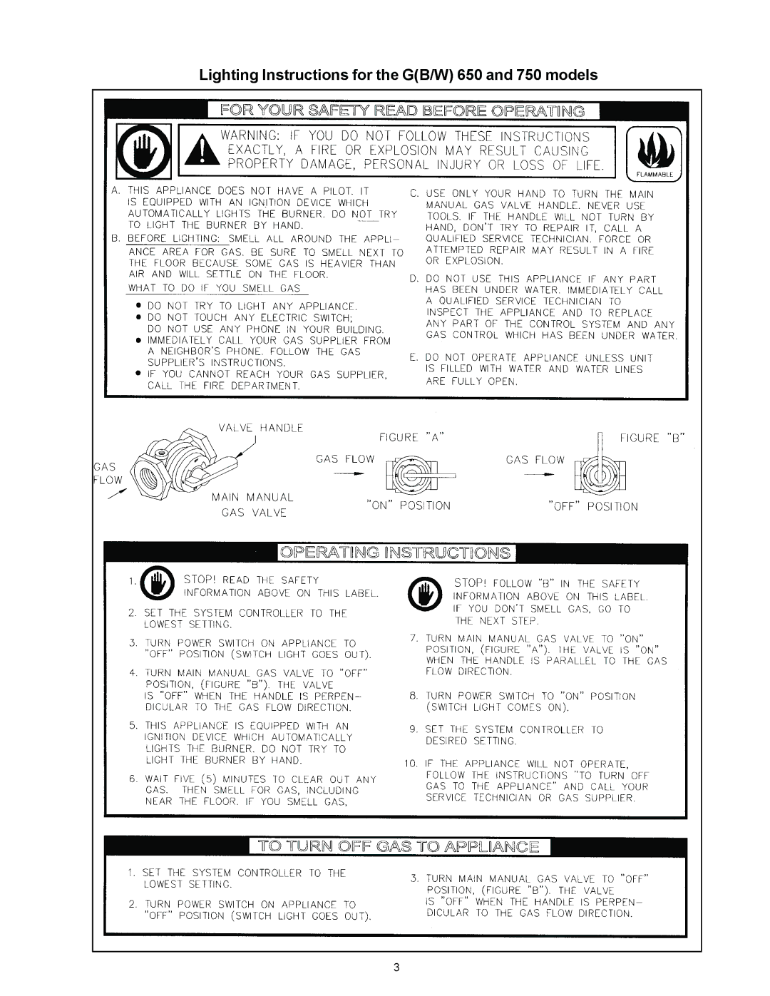 A.O. Smith GB/GW-500, GB/GW-750, GB/GW-650, GB/GW-200, GB/GW-400 warranty Lighting Instructions for the GB/W 650 and 750 models 