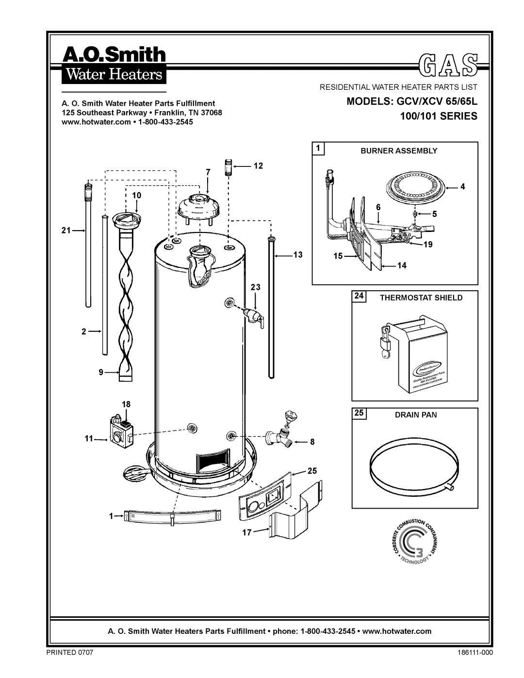 A.O. Smith manual Models GCV/XCV 65/65L 100/101 Series, Burner Assembly Thermostat Shield Drain PAN 