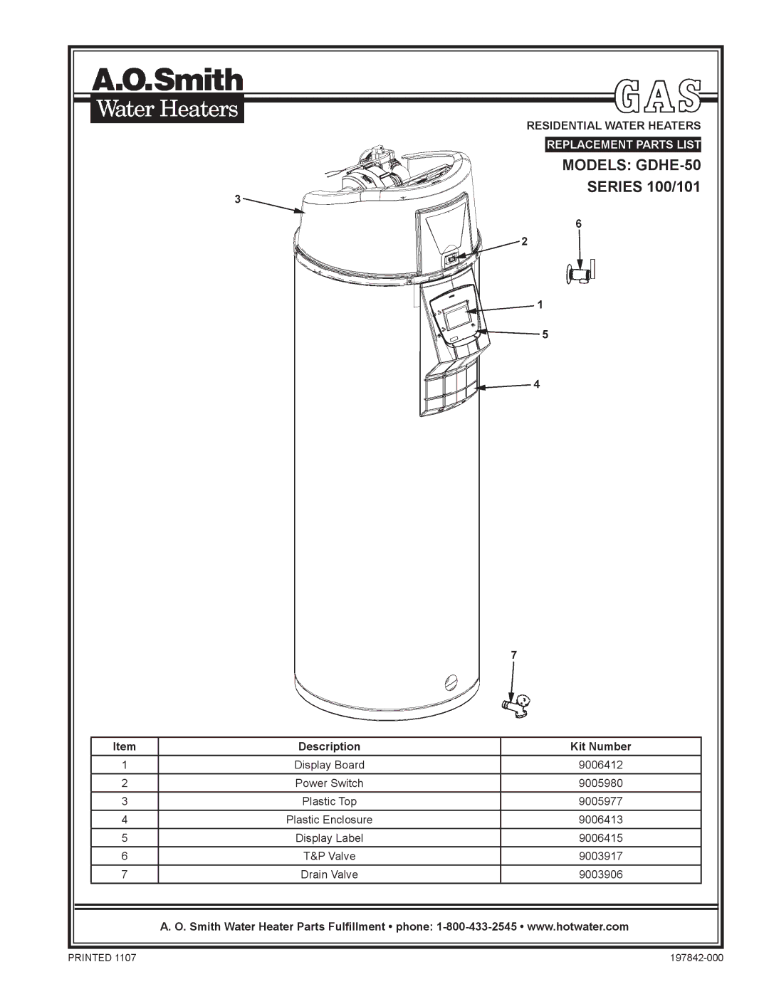 A.O. Smith manual Models GDHE-50, Description Kit Number, Valve 