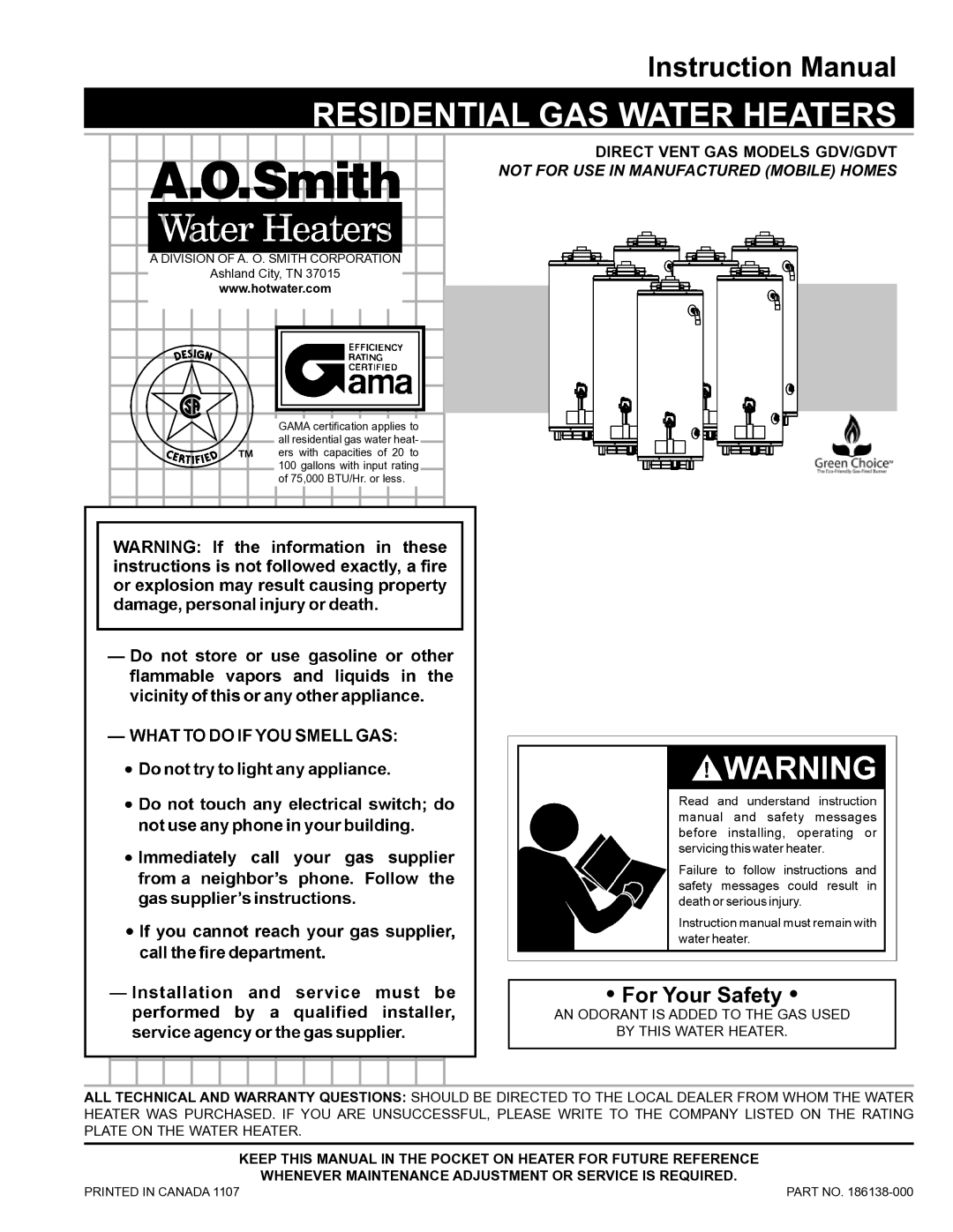 A.O. Smith GDVT instruction manual Residential GAS Water Heaters 