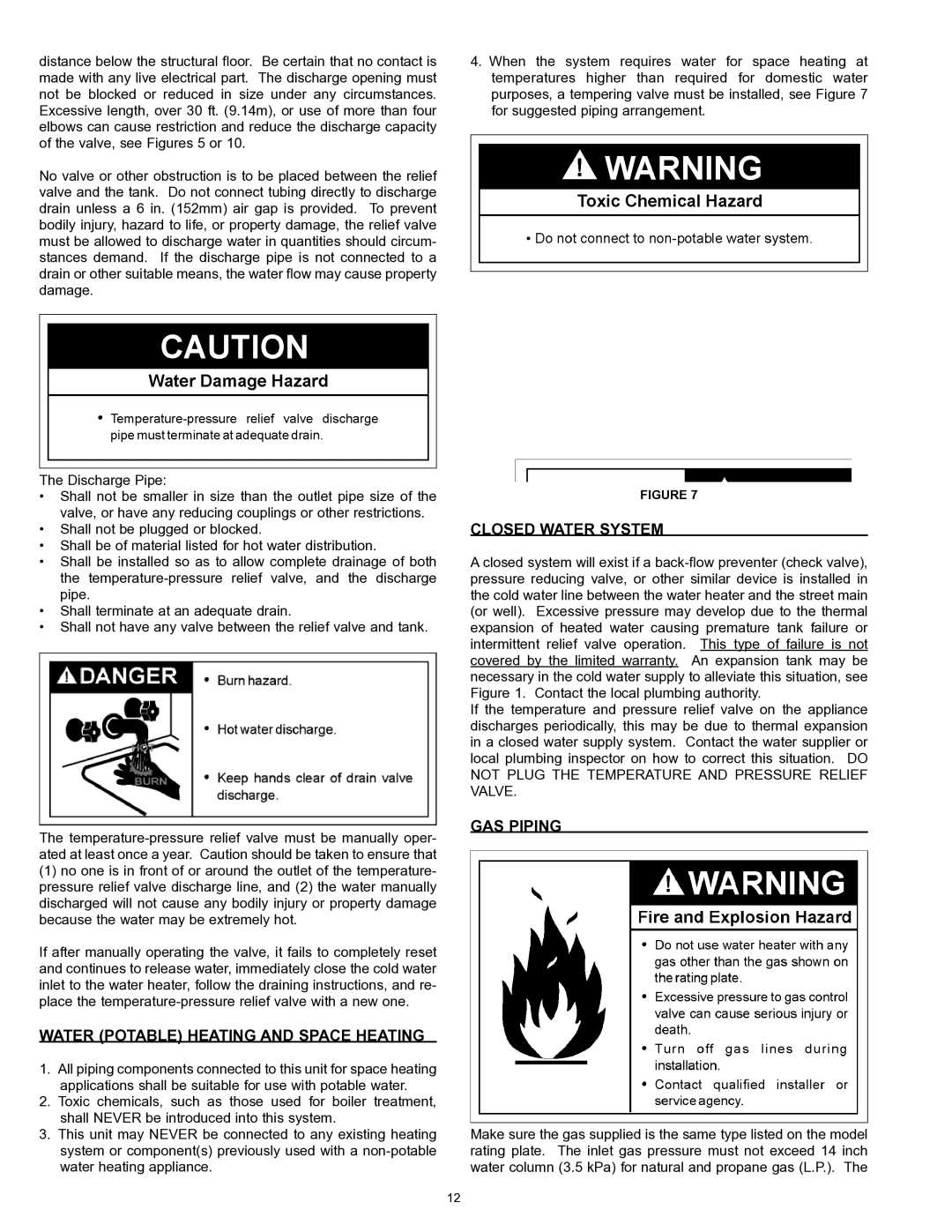 A.O. Smith GDVT instruction manual Water Potable Heating and Space Heating, Closed Water System, GAS Piping 