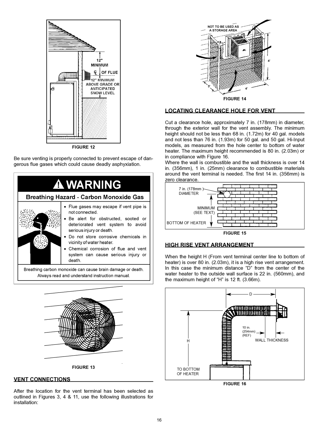 A.O. Smith GDVT instruction manual Vent Connections, Locating Clearance Hole for Vent, High Rise Vent Arrangement 