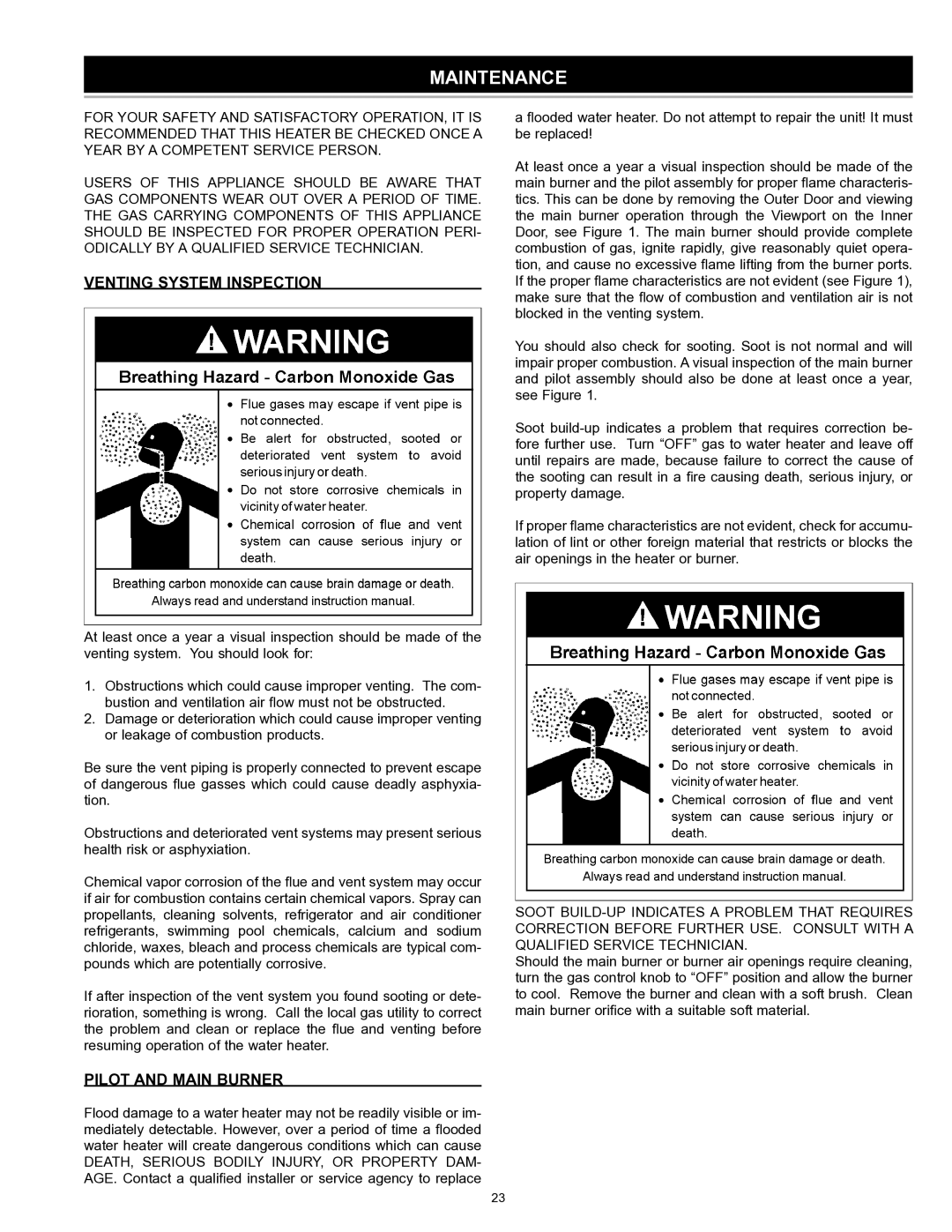 A.O. Smith GDVT instruction manual Maintenance, Venting System Inspection, Pilot and Main Burner 