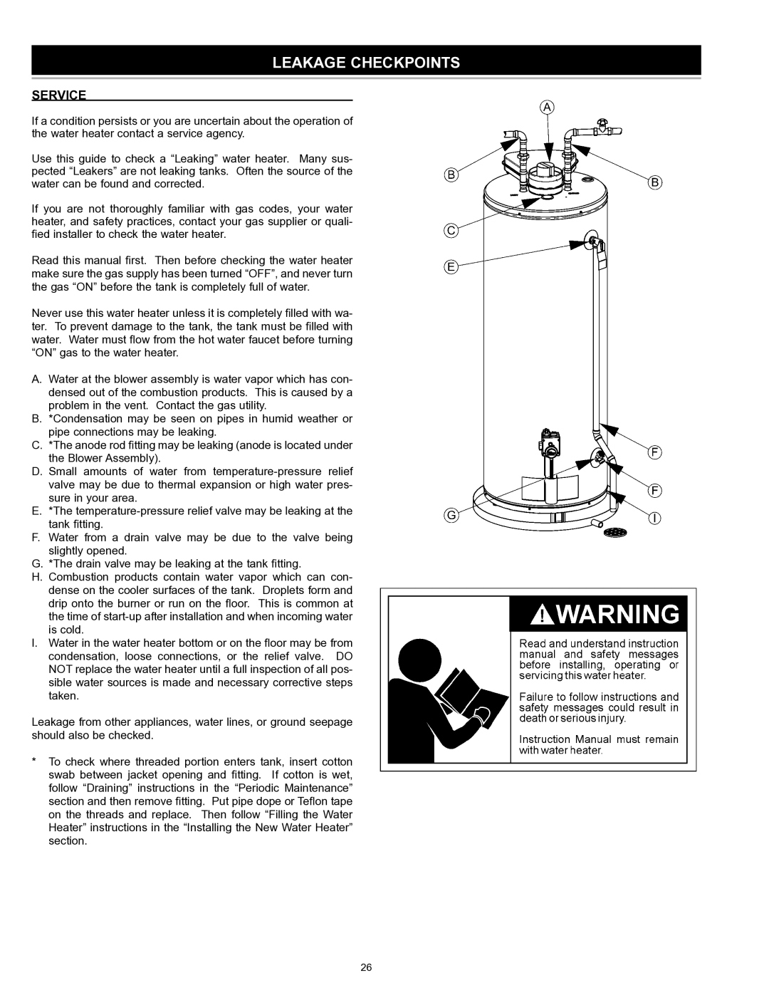 A.O. Smith GDVT instruction manual Leakage Checkpoints, Service 