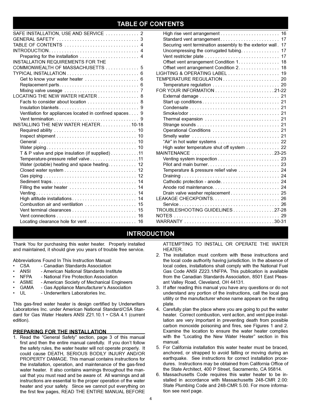 A.O. Smith GDVT instruction manual Table of Contents, Introduction 