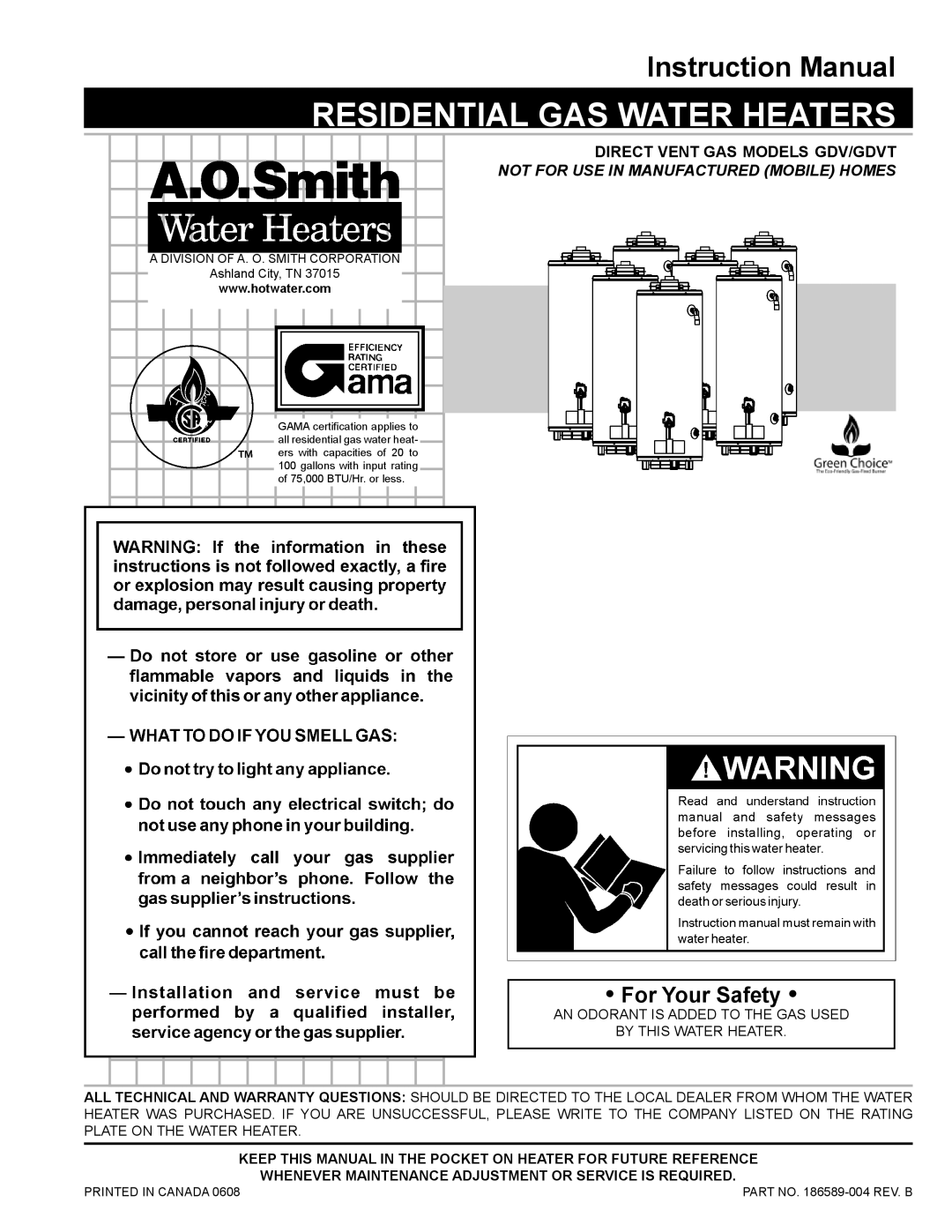 A.O. Smith GDV-50, GDVT-50, GDV-75, GDV-40, 186589-004 instruction manual Residential GAS Water Heaters 