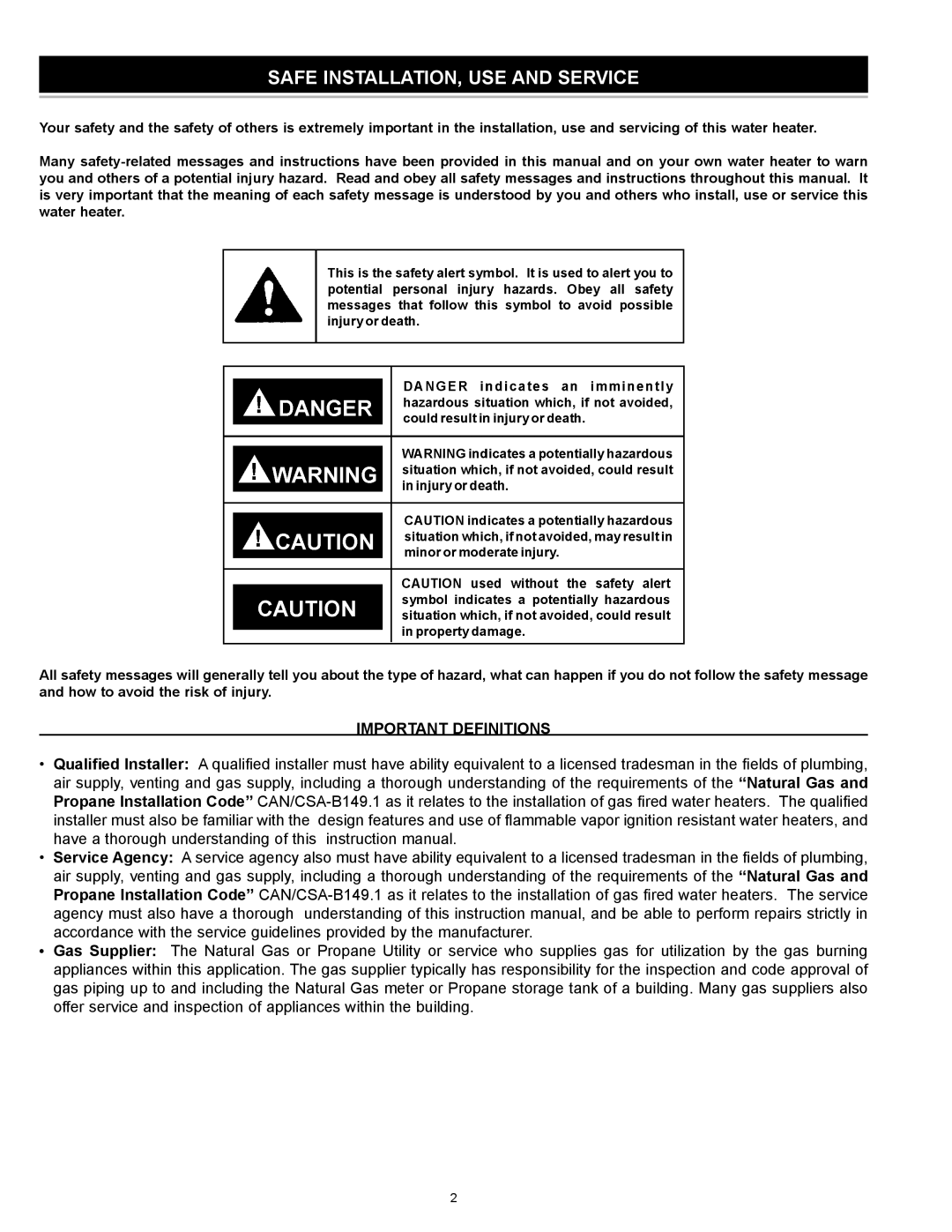 A.O. Smith GDV-75, GDVT-50, GDV-50, GDV-40, 186589-004 Safe INSTALLATION, USE and Service, Important Definitions 