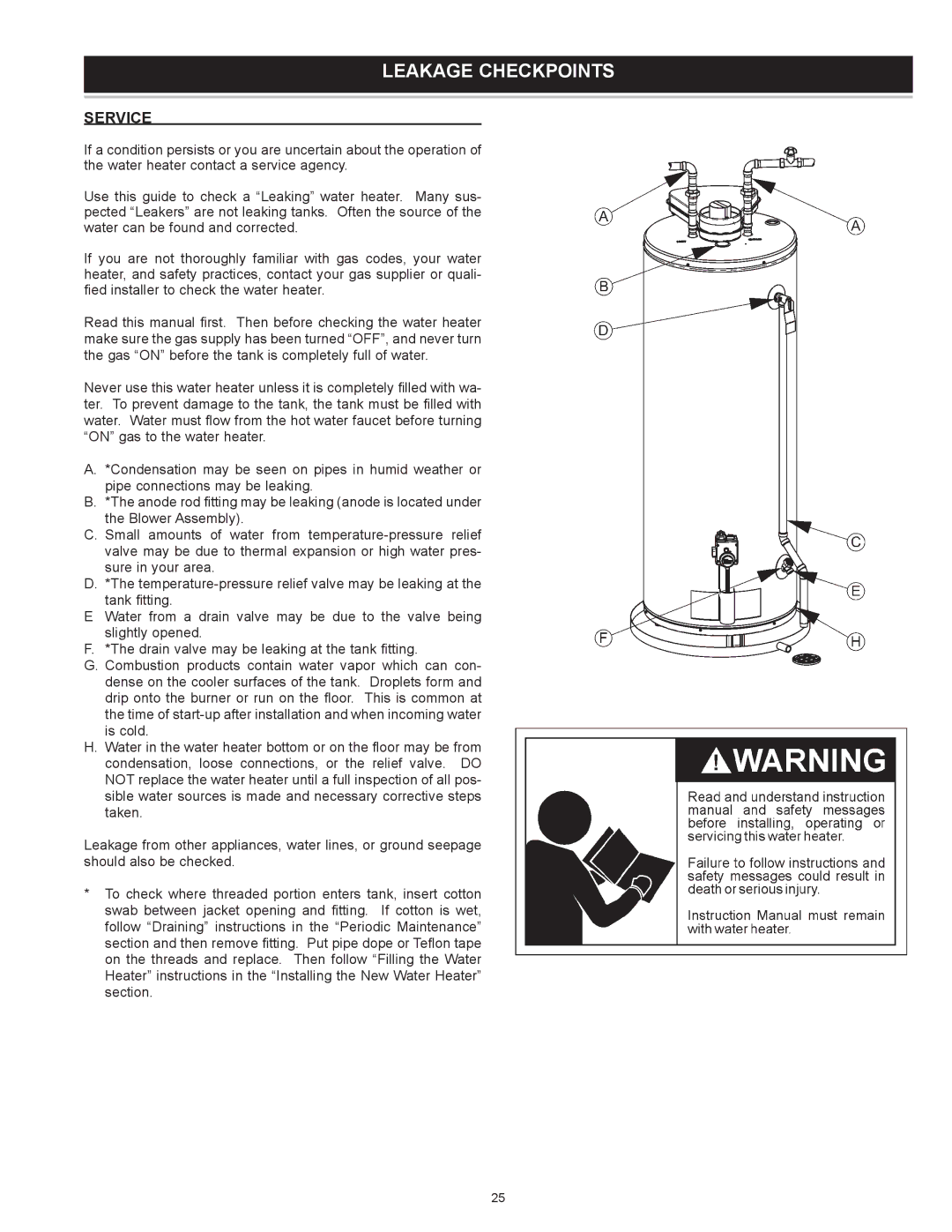 A.O. Smith GDVT-50, GDV-50, GDV-75, GDV-40, 186589-004 instruction manual Leakage Checkpoints, Service 