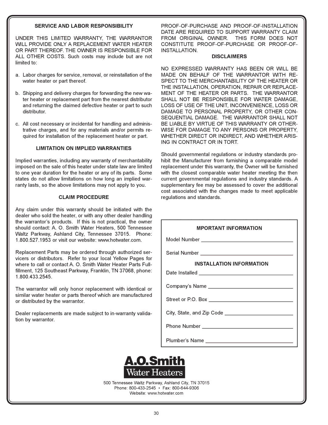 A.O. Smith GDVT-50 Service and Labor Responsibility, Limitation on Implied Warranties, Claim Procedure, Disclaimers 