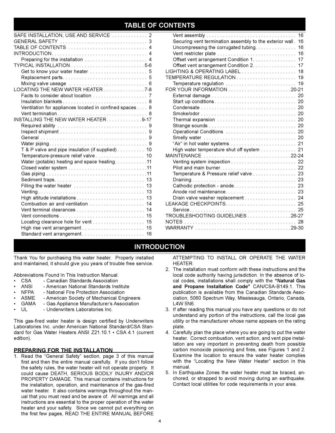 A.O. Smith 186589-004, GDVT-50, GDV-50, GDV-75, GDV-40 instruction manual Table of Contents, Introduction 