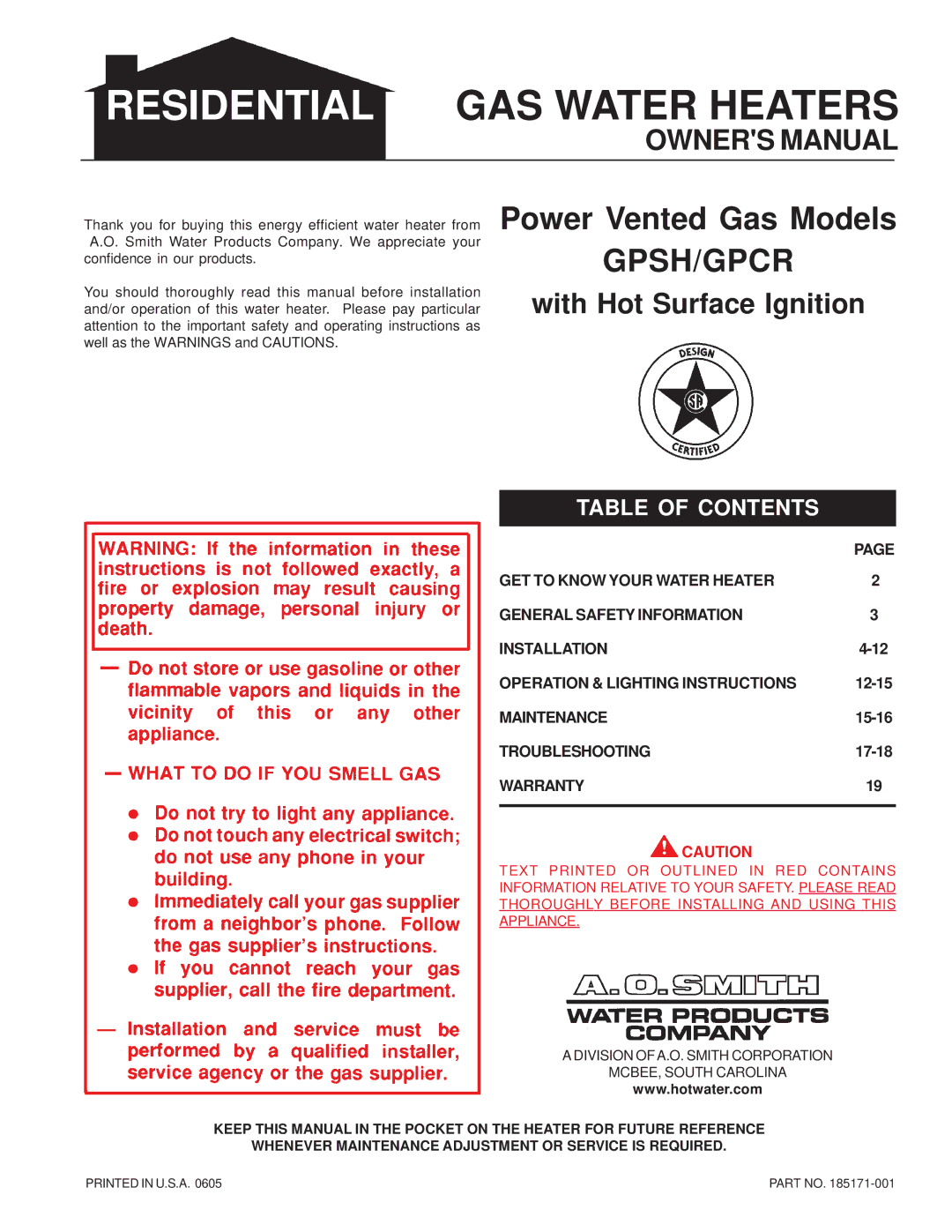 A.O. Smith GPSH, GPCR owner manual Residential GAS Water Heaters, Gpsh/Gpcr 