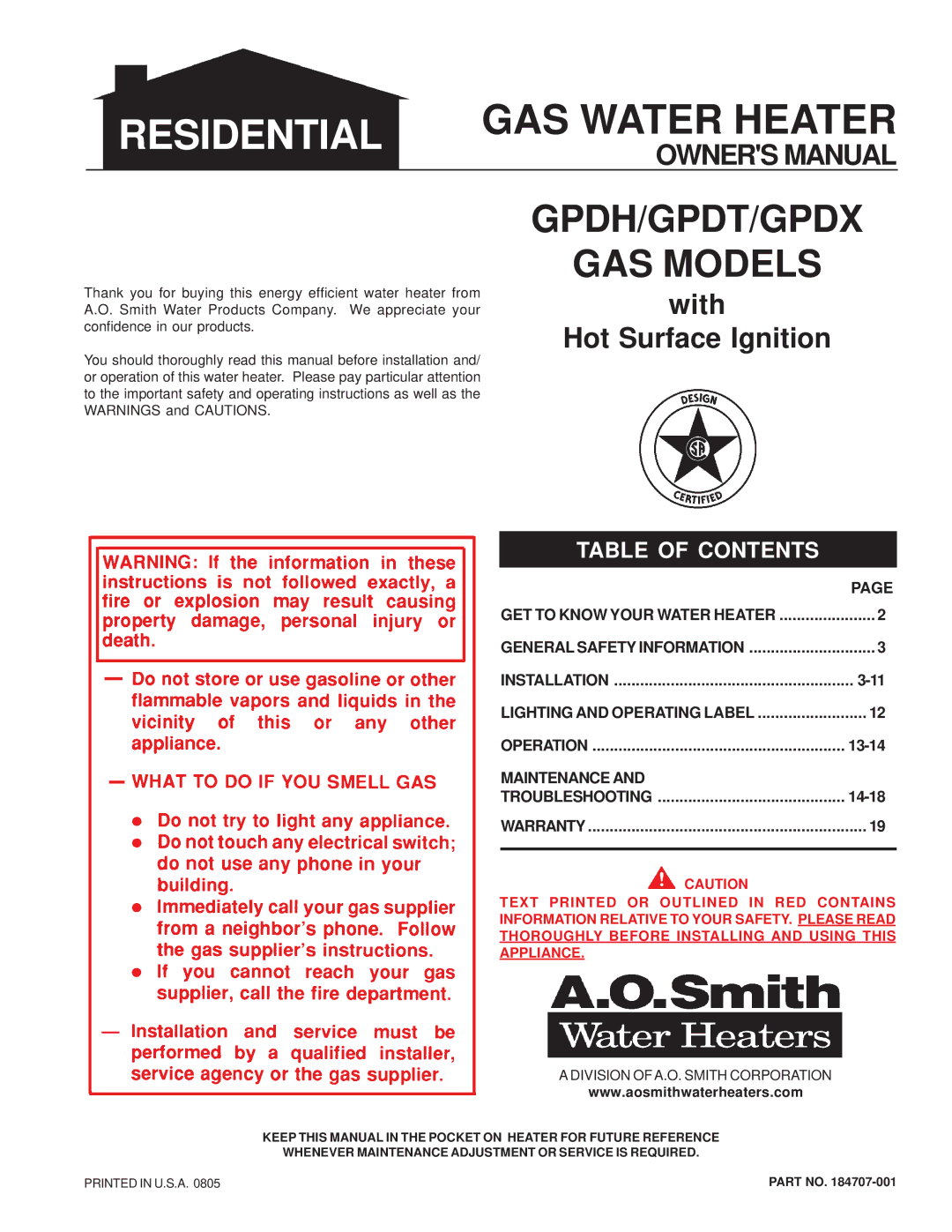 A.O. Smith GPDH, GPDX, GPDT owner manual Residential 