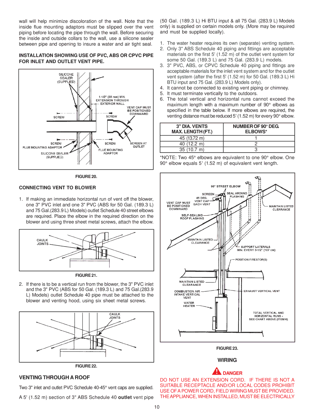 A.O. Smith GPDH, GPDX, GPDT owner manual Venting Through a Roof, Wiring, Elbows, Connecting Vent to Blower 