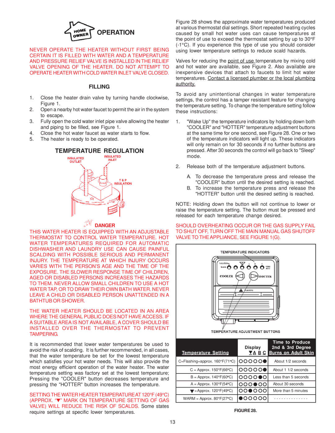 A.O. Smith GPDH, GPDX, GPDT owner manual Temperature Regulation, Filling 