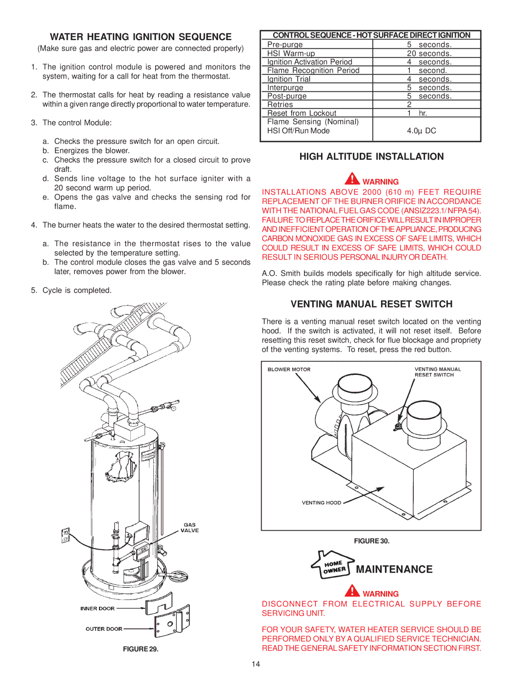 A.O. Smith GPDT, GPDX, GPDH Water Heating Ignition Sequence, High Altitude Installation, Venting Manual Reset Switch 