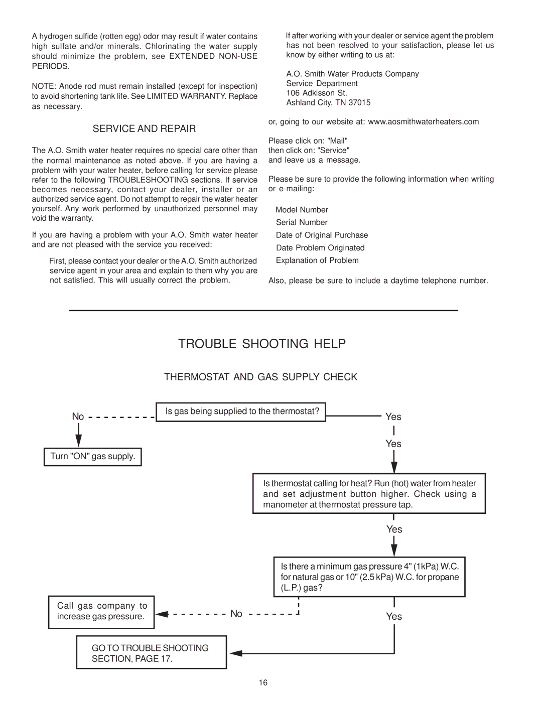 A.O. Smith GPDH, GPDX, GPDT owner manual Service and Repair, Thermostat and GAS Supply Check 