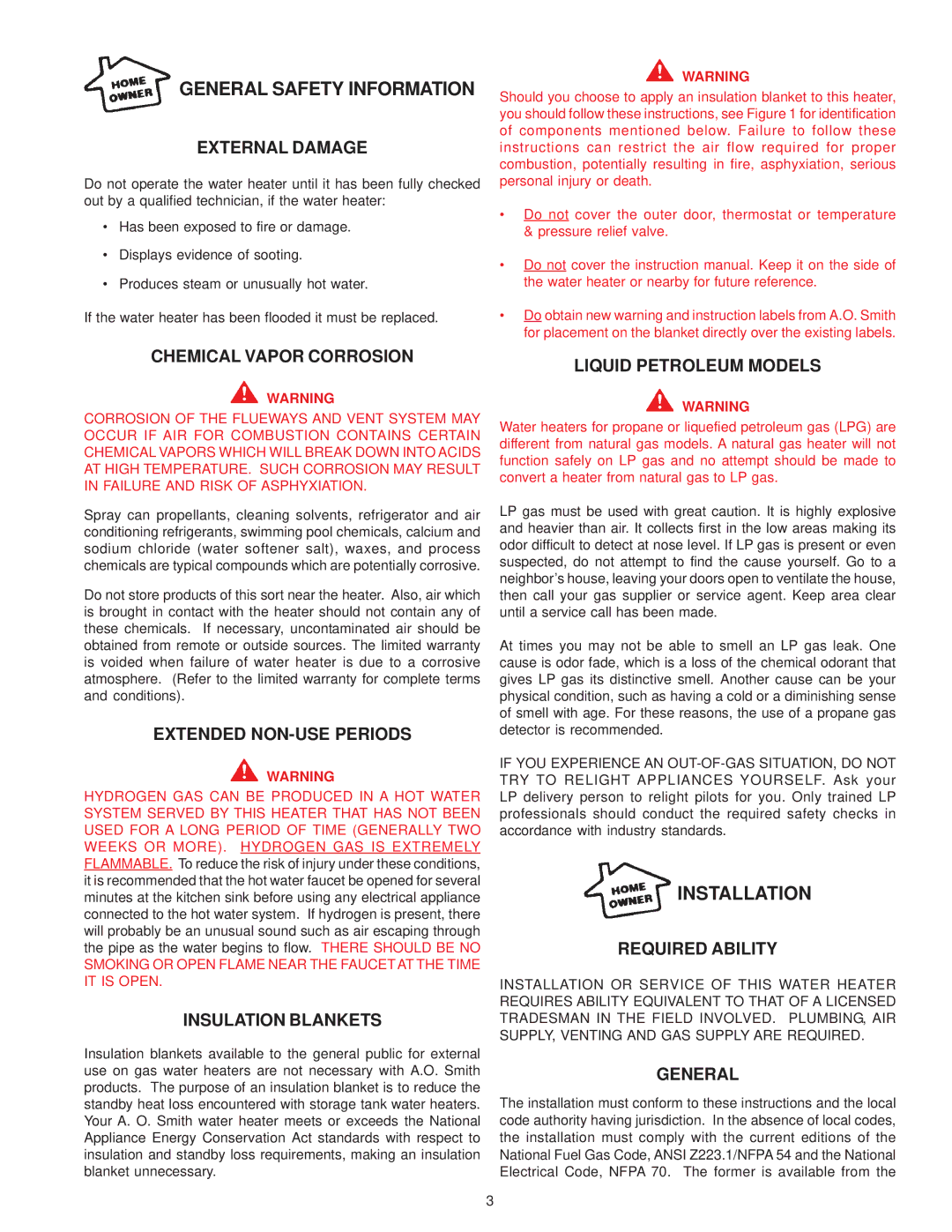 A.O. Smith GPDX External Damage, Chemical Vapor Corrosion, Extended NON-USE Periods, Insulation Blankets, Required Ability 