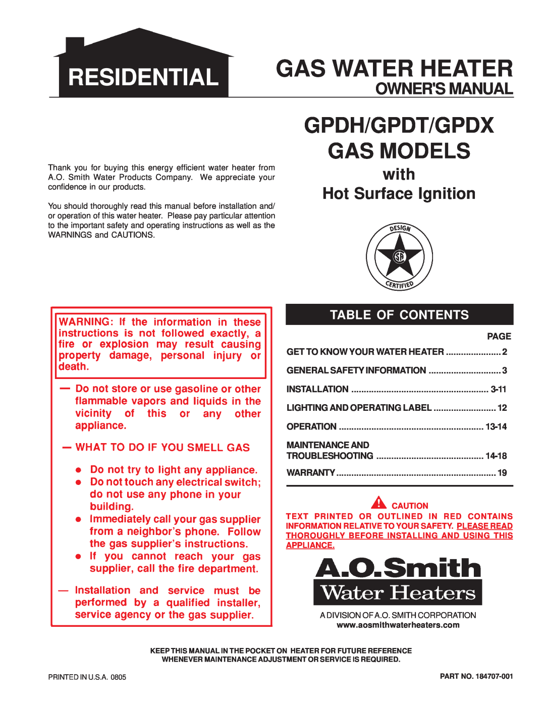 A.O. Smith GPDH, GPDX owner manual Page, 3-11, 13-14, Maintenance And, 14-18, Residential, Gas Water Heater, Owners Manual 