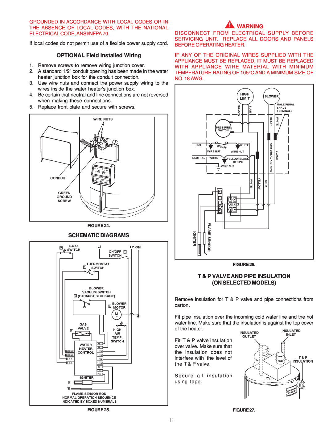 A.O. Smith GPDT OPTIONAL Field Installed Wiring, Schematic Diagrams, T & P Valve And Pipe Insulation On Selected Models 