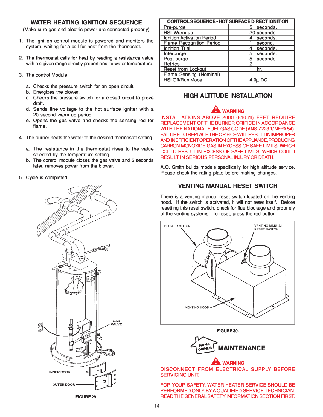 A.O. Smith GPDT Maintenance, Water Heating Ignition Sequence, High Altitude Installation, Venting Manual Reset Switch 