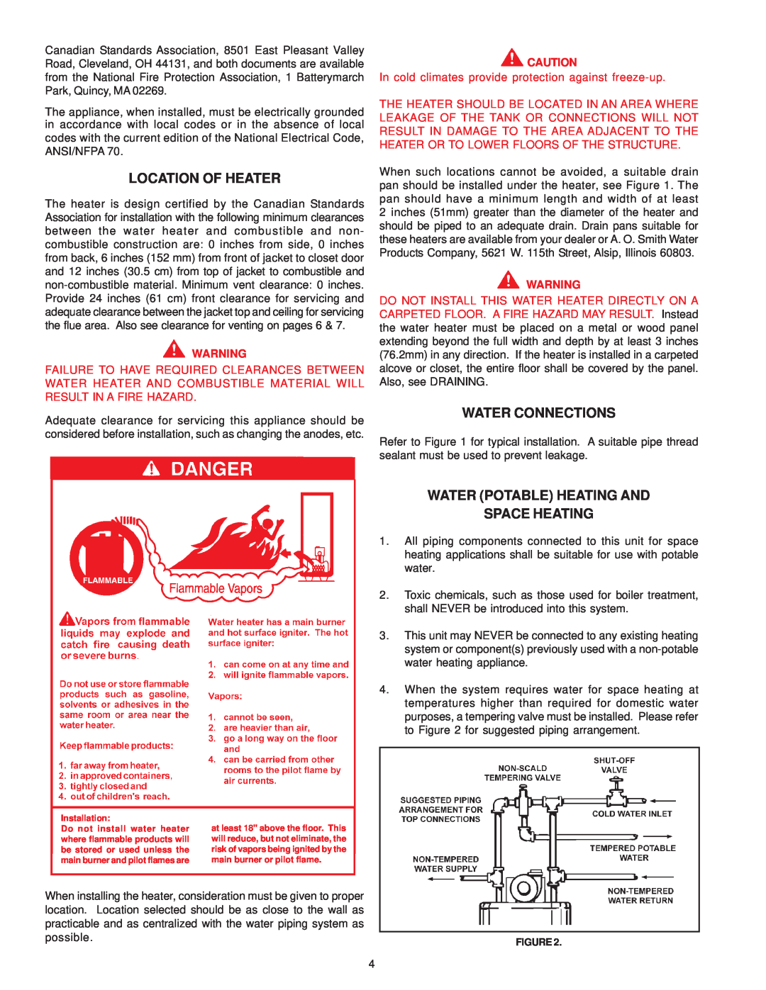 A.O. Smith GPDH, GPDX, GPDT owner manual Location Of Heater, Water Connections, Water Potable Heating And Space Heating 
