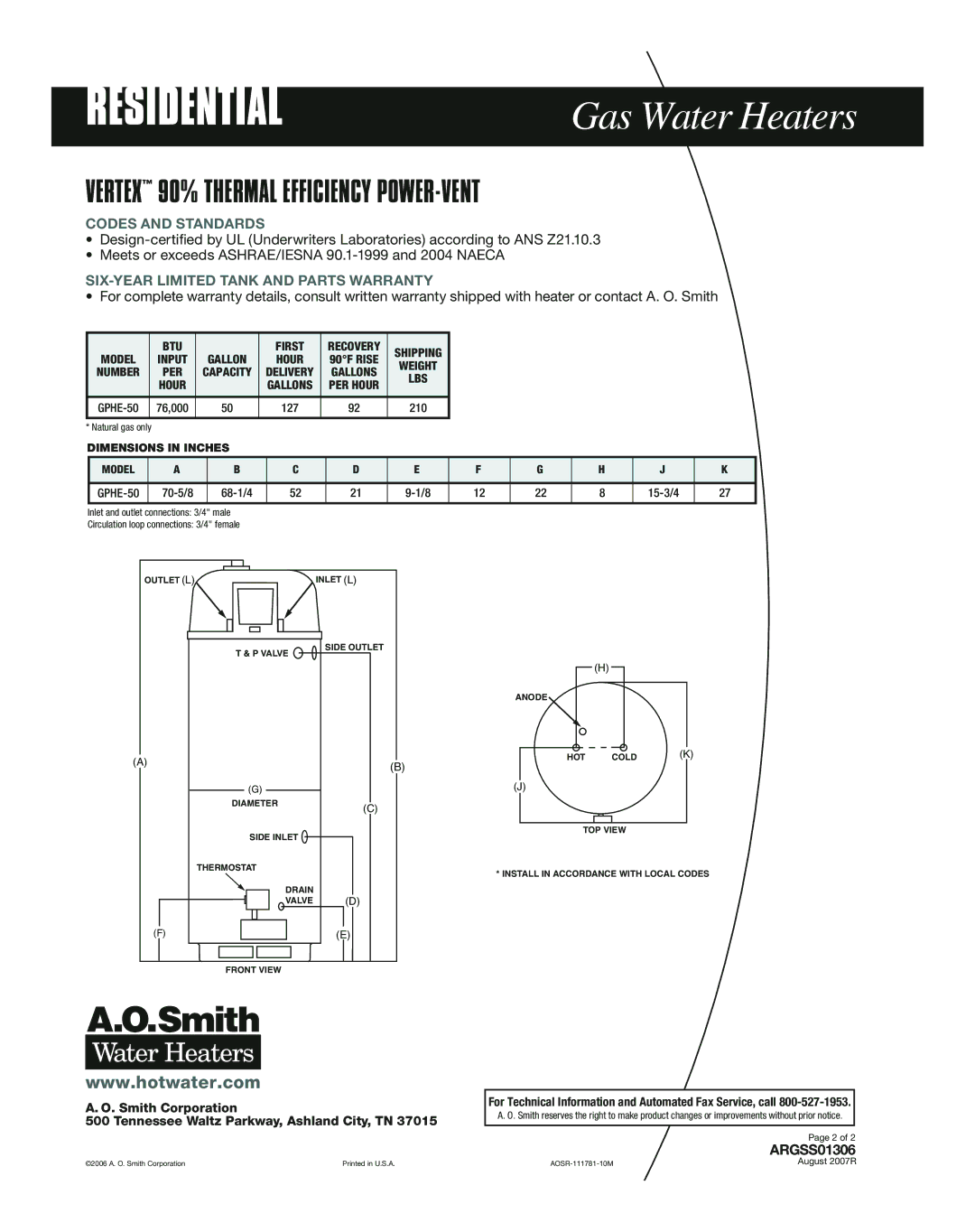 A.O. Smith GPHE-50 manual Codes and Standards, SIX-YEAR Limited Tank and Parts Warranty 