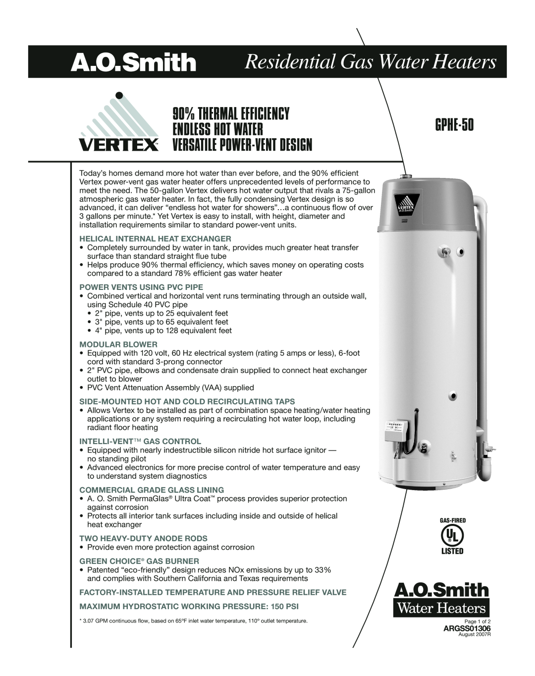A.O. Smith GPHE-50 manual Residential Gas Water Heaters 