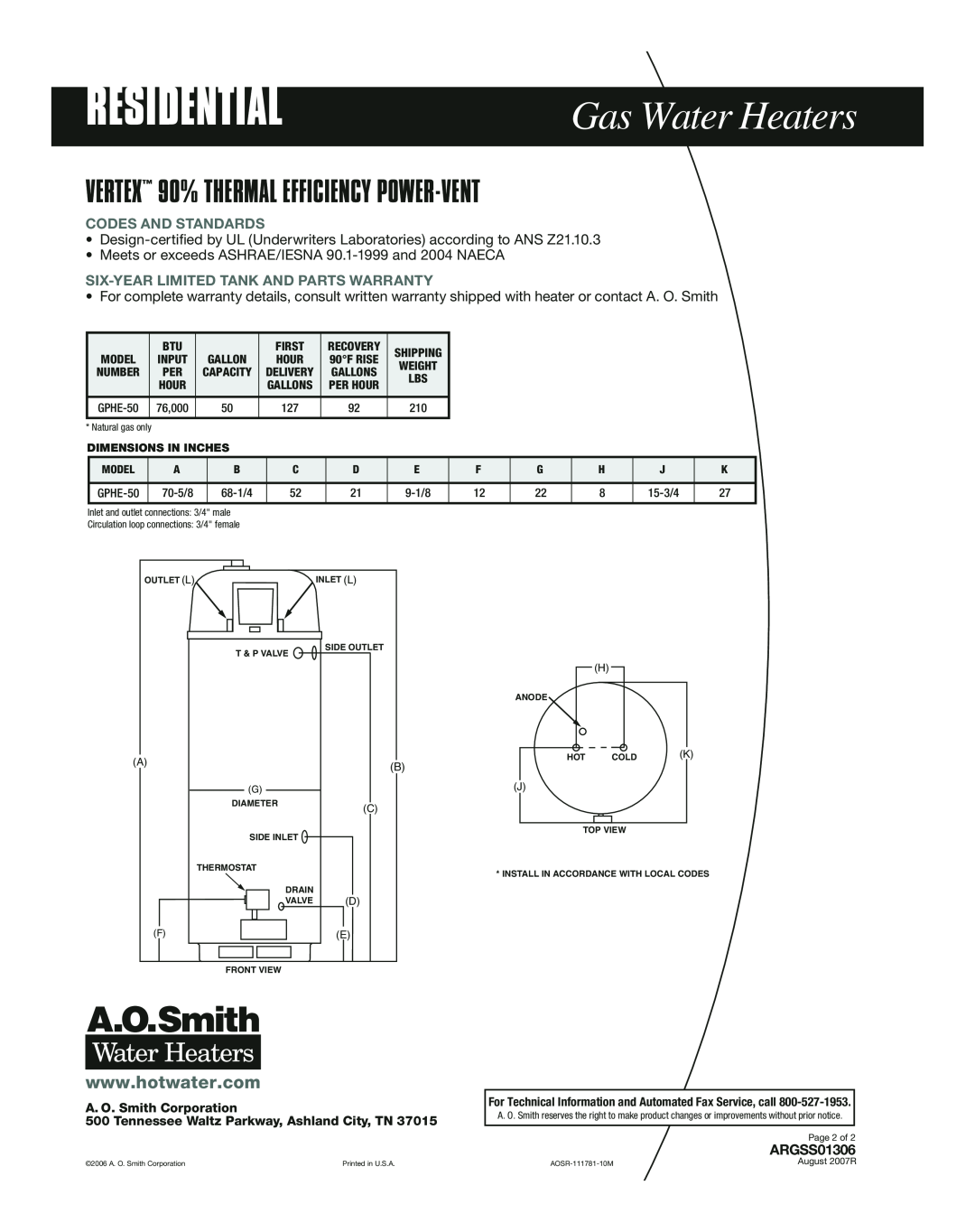 A.O. Smith GPHE-50 manual Residential, Gas Water Heaters, VERTEX 90% THERMAL EFFICIENCY POWER-VENT, ARGSS01306 