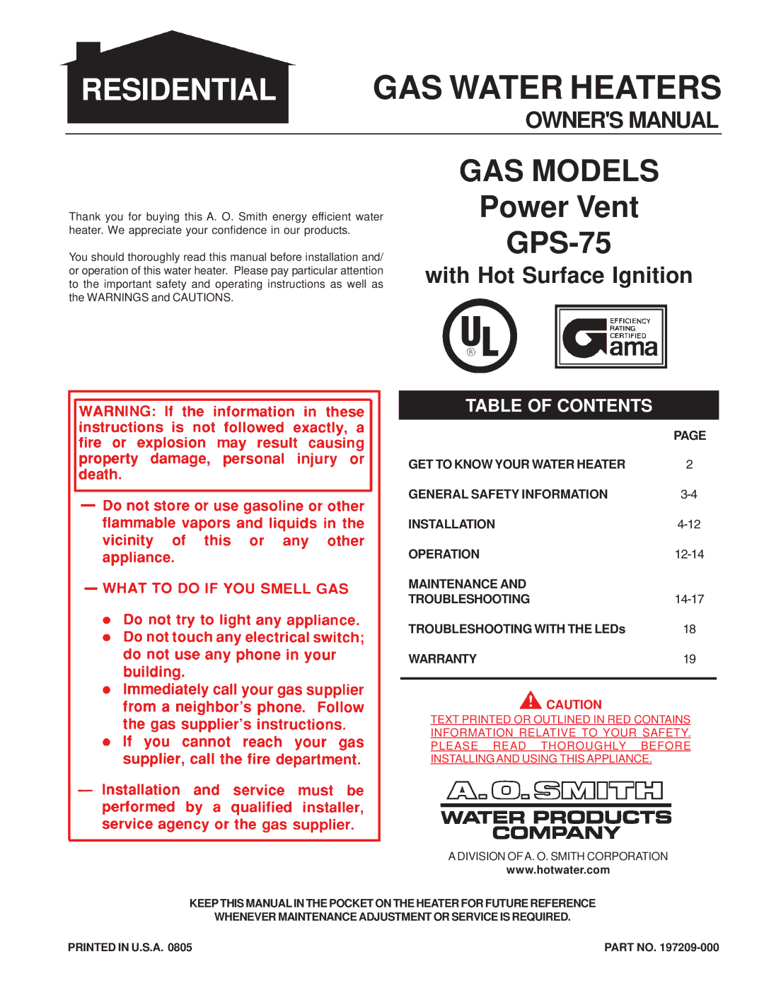 A.O. Smith GPS-75 owner manual Residential GAS Water Heaters 