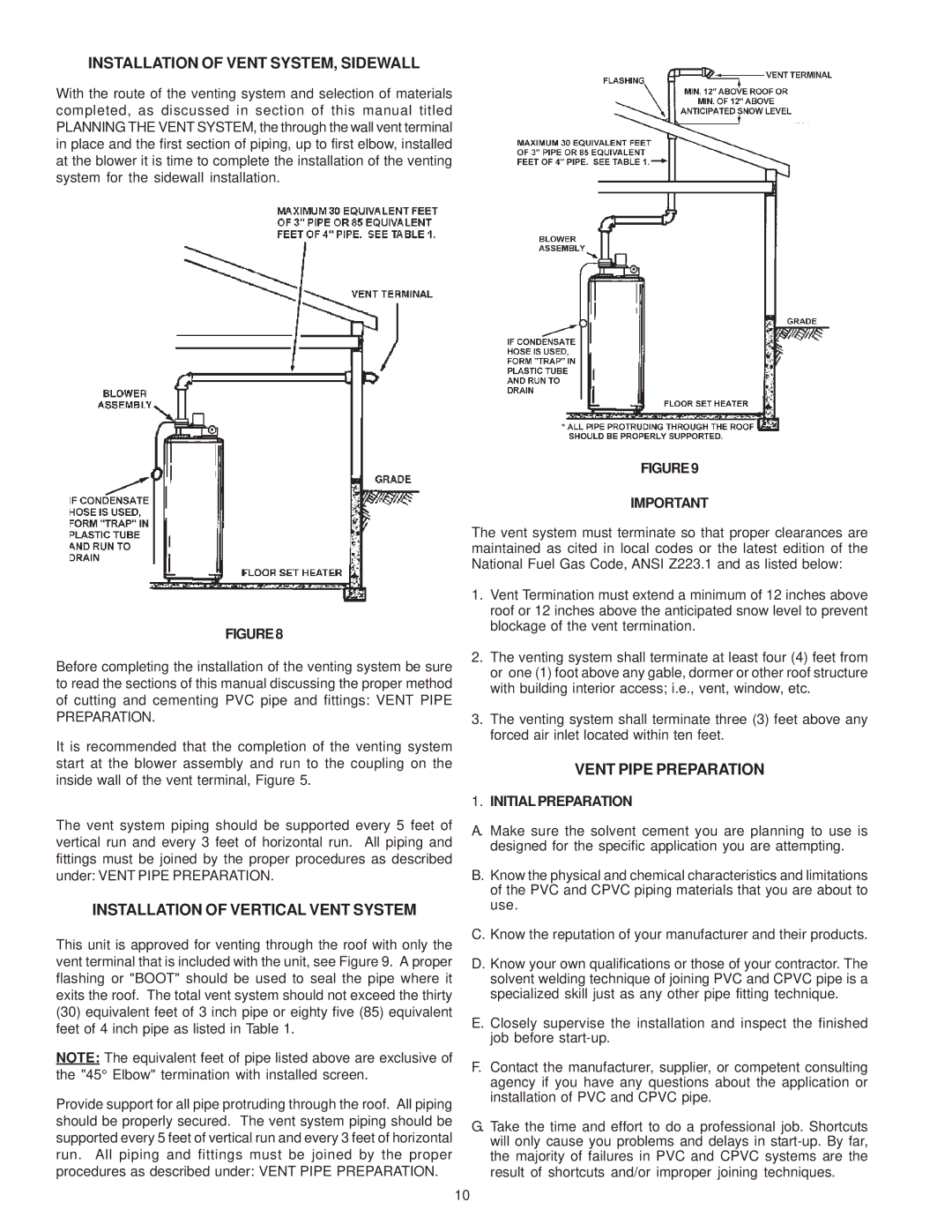 A.O. Smith GPS-75 Installation of Vent SYSTEM, Sidewall, Installation of Vertical Vent System, Vent Pipe Preparation 