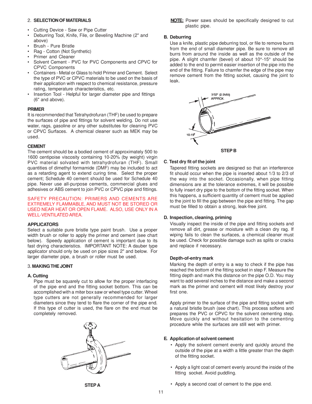 A.O. Smith GPS-75 owner manual Selection of Materials, Primer, Cement, Applicators, Making the Joint, Step a, Step B 