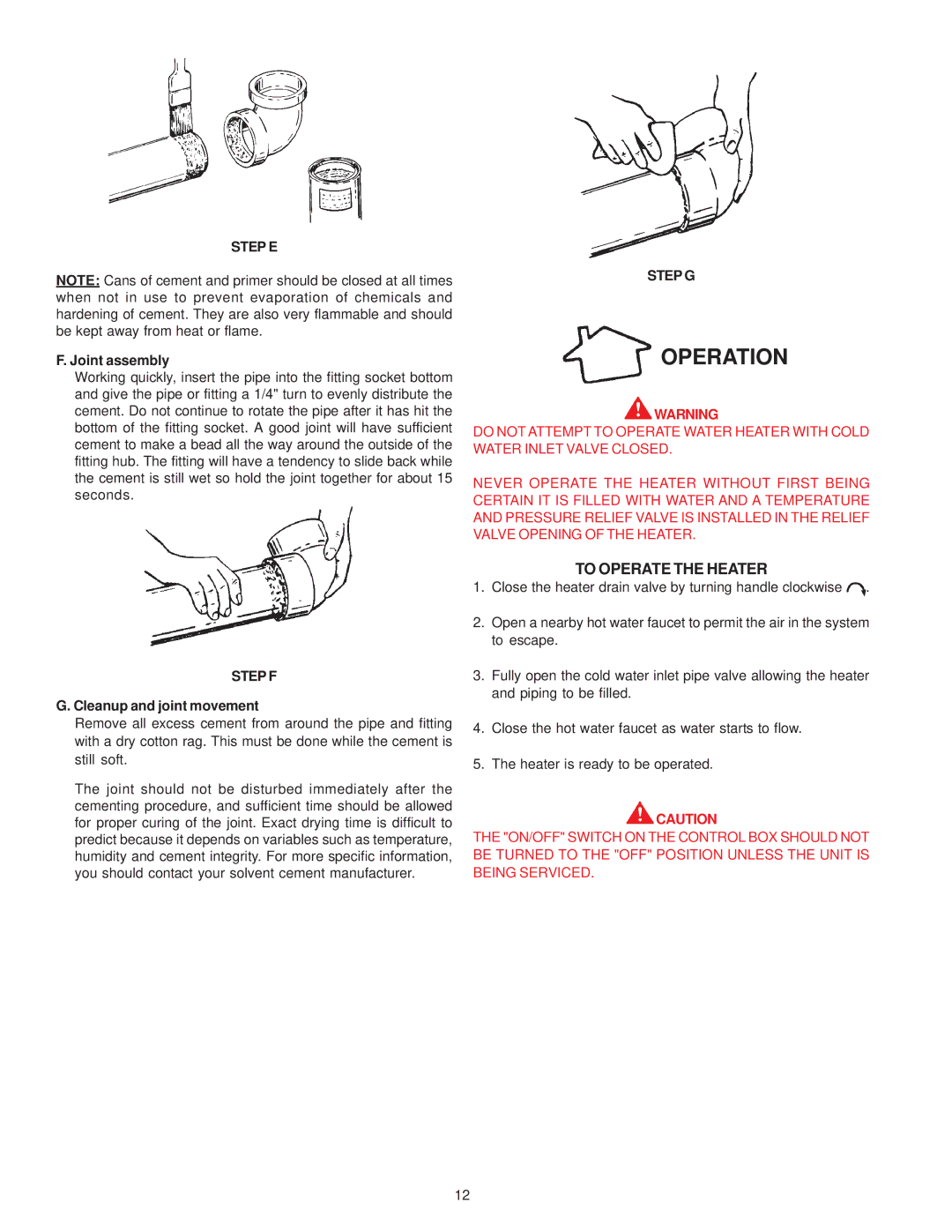 A.O. Smith GPS-75 owner manual Operation, To Operate the Heater, Step E, Step G, Step F 