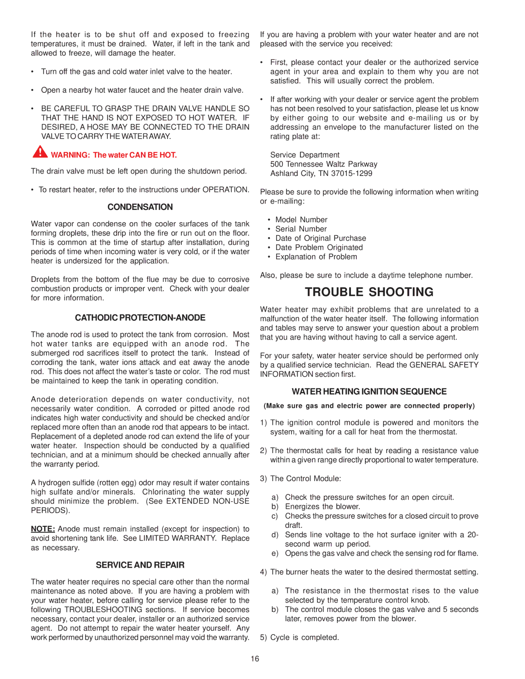 A.O. Smith GPS-75 owner manual Trouble Shooting, Condensation, Cathodic PROTECTION-ANODE, Service and Repair 