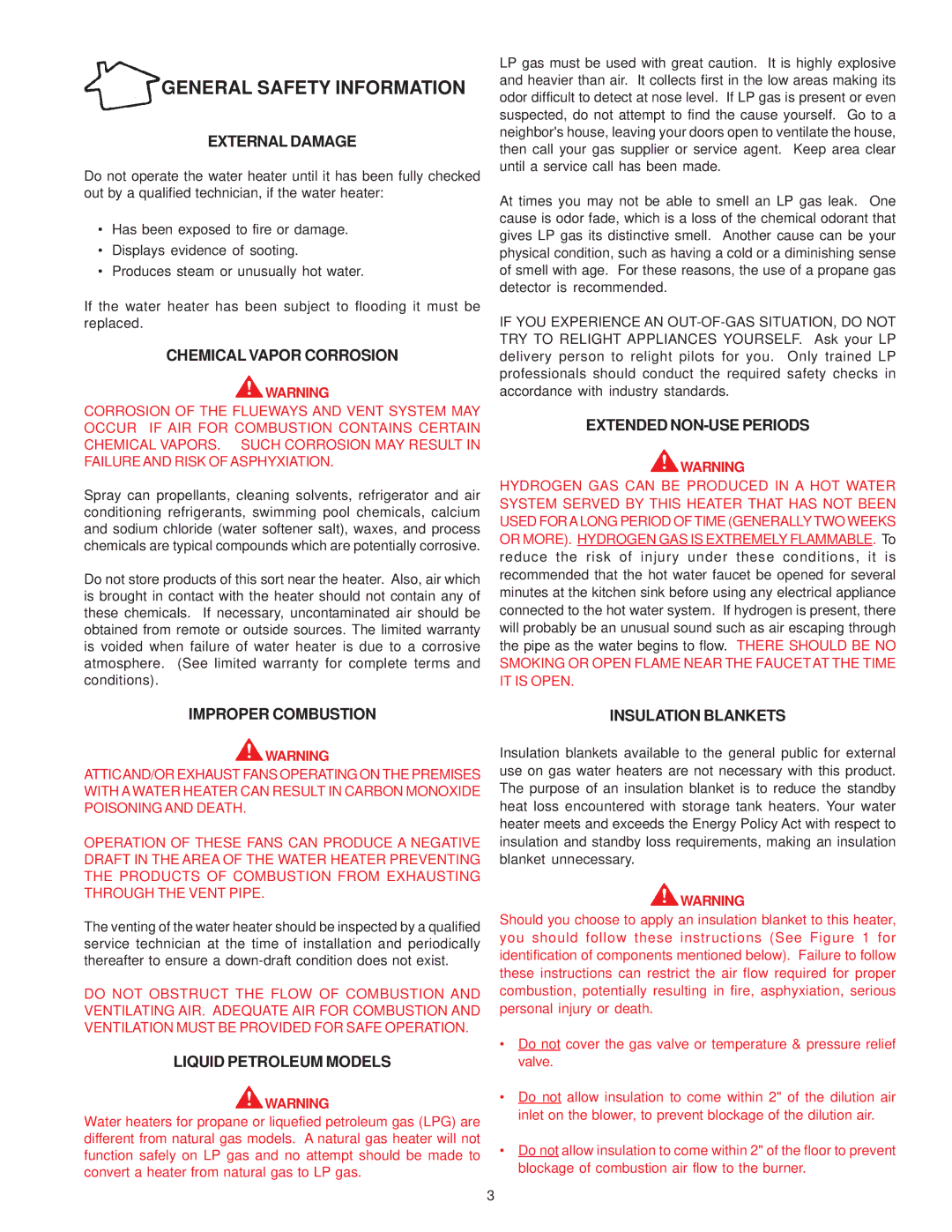 A.O. Smith GPS-75 owner manual External Damage, Chemical Vapor Corrosion, Extended NON-USE Periods, Improper Combustion 