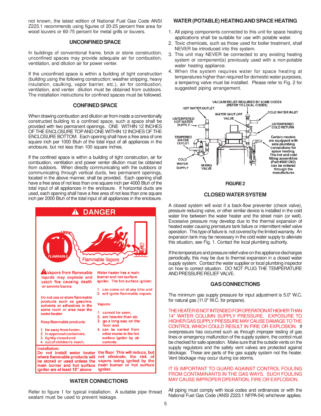 A.O. Smith GPS-75 owner manual Unconfined Space, Water Potable Heating and Space Heating, Confined Space, Water Connections 