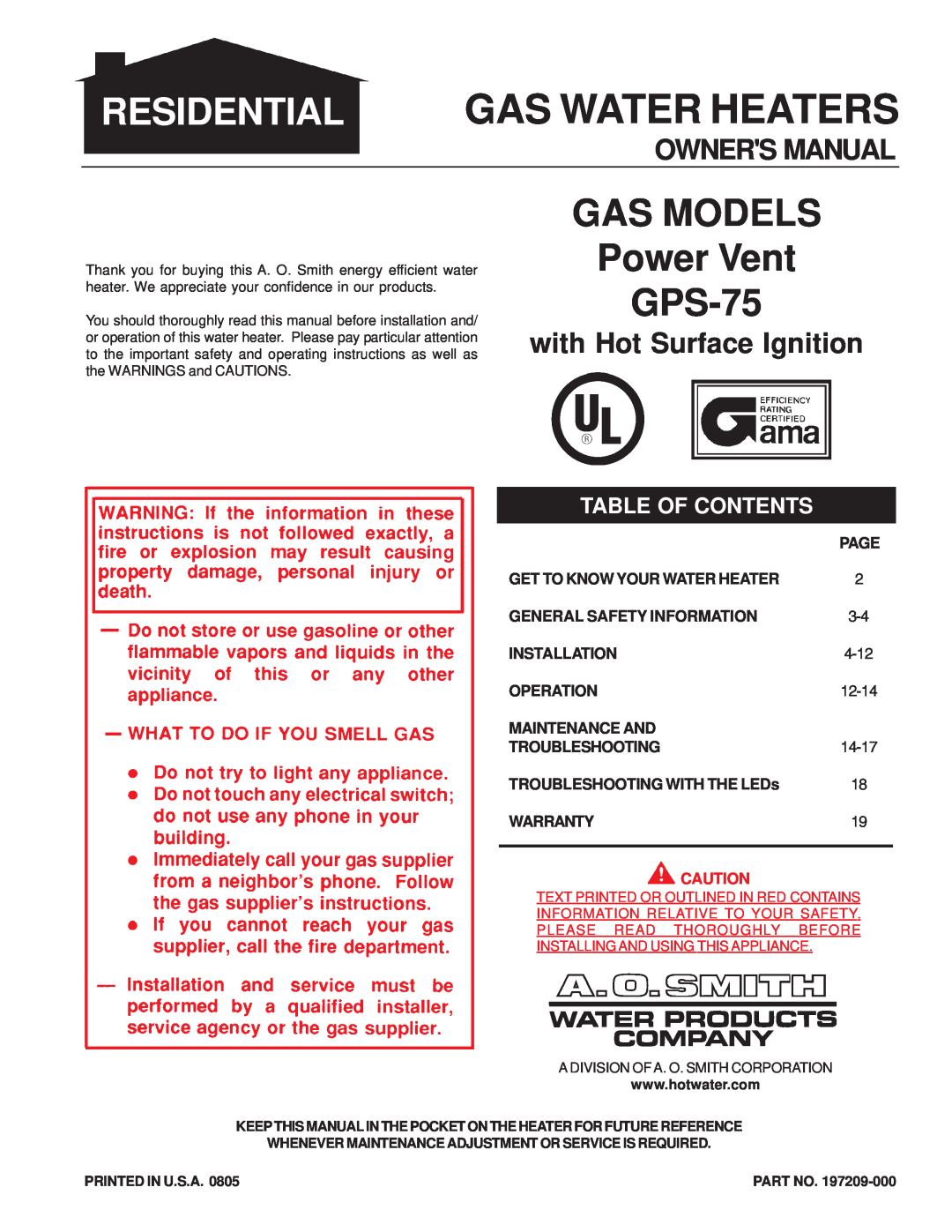 A.O. Smith GPS-75 owner manual Page, Get To Know Your Water Heater, General Safety Information, Installation, Operation 