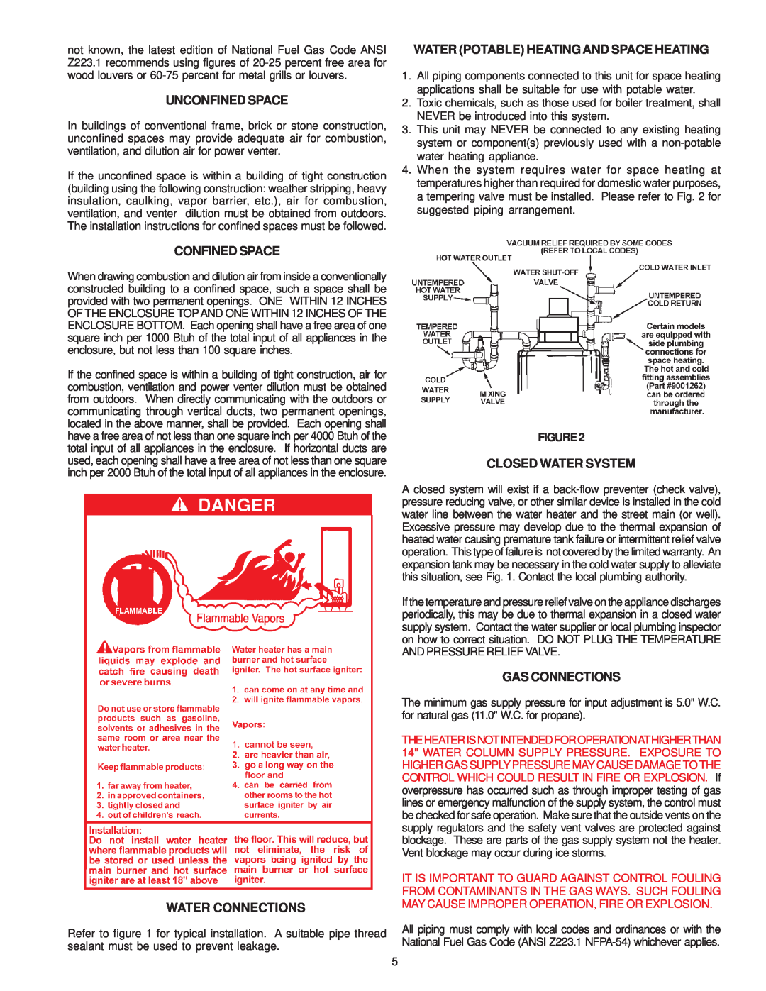 A.O. Smith GPS-75 owner manual Unconfined Space, Water Potable Heating And Space Heating, Confined Space, Water Connections 