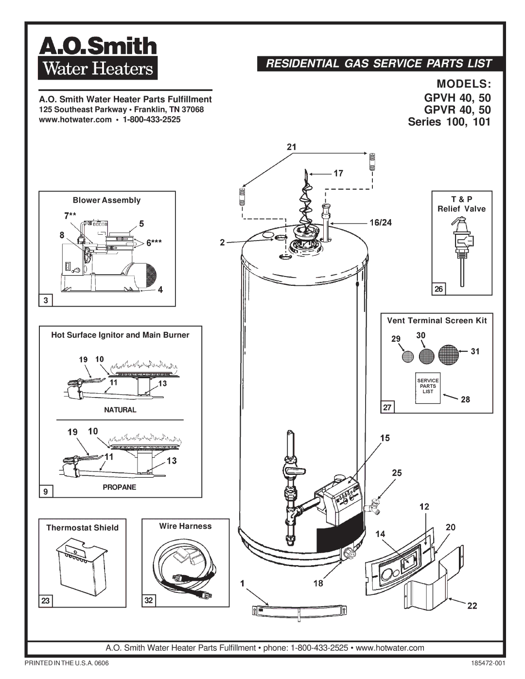 A.O. Smith GPVH 40, GPVR 40 manual Residential GAS Service Parts List 