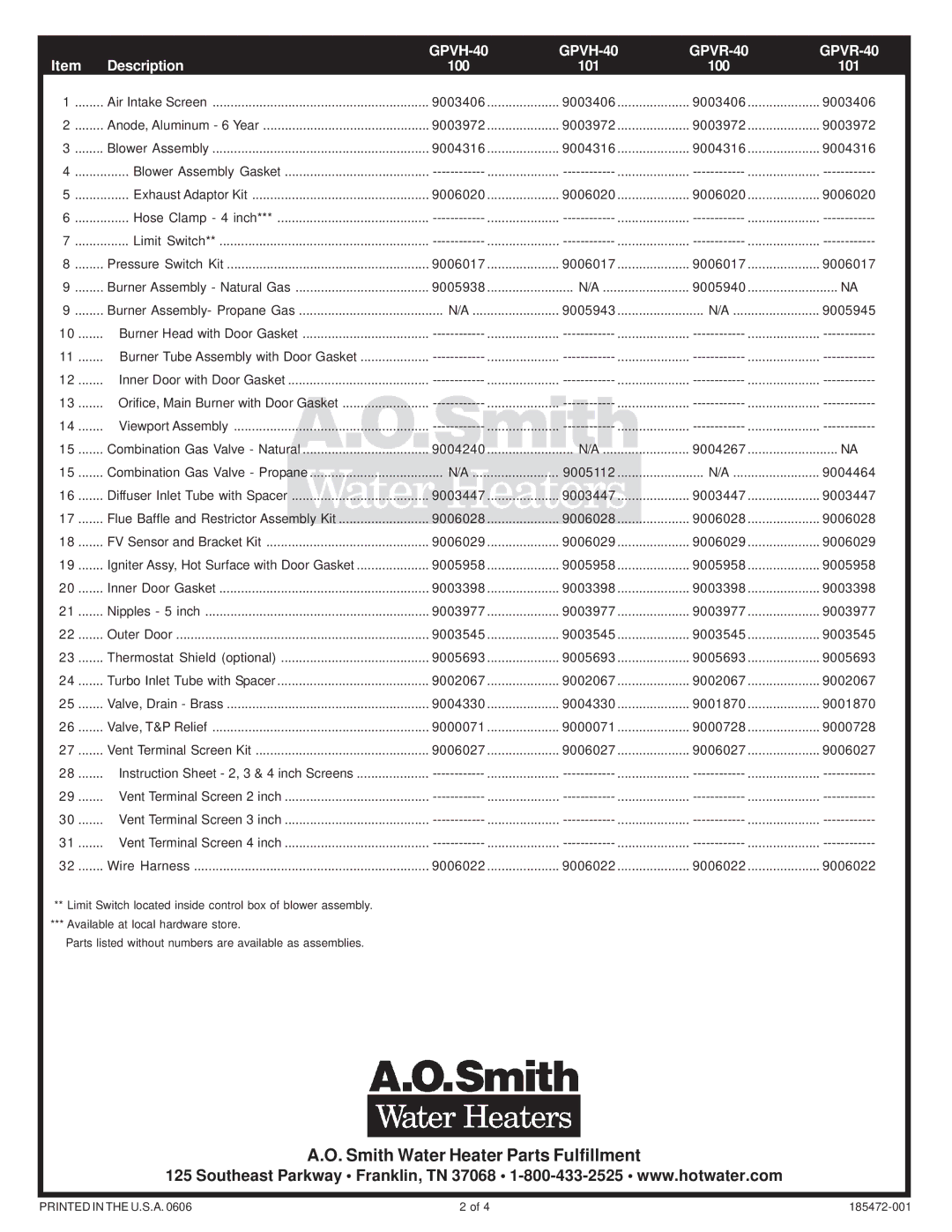 A.O. Smith GPVR 40, GPVH 40 manual GPVH-40 GPVR-40, 100 101 