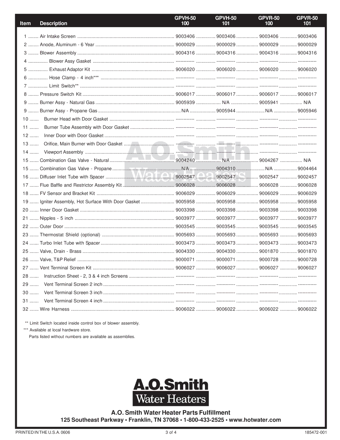 A.O. Smith GPVH 40, GPVR 40 manual GPVH-50 GPVR-50 