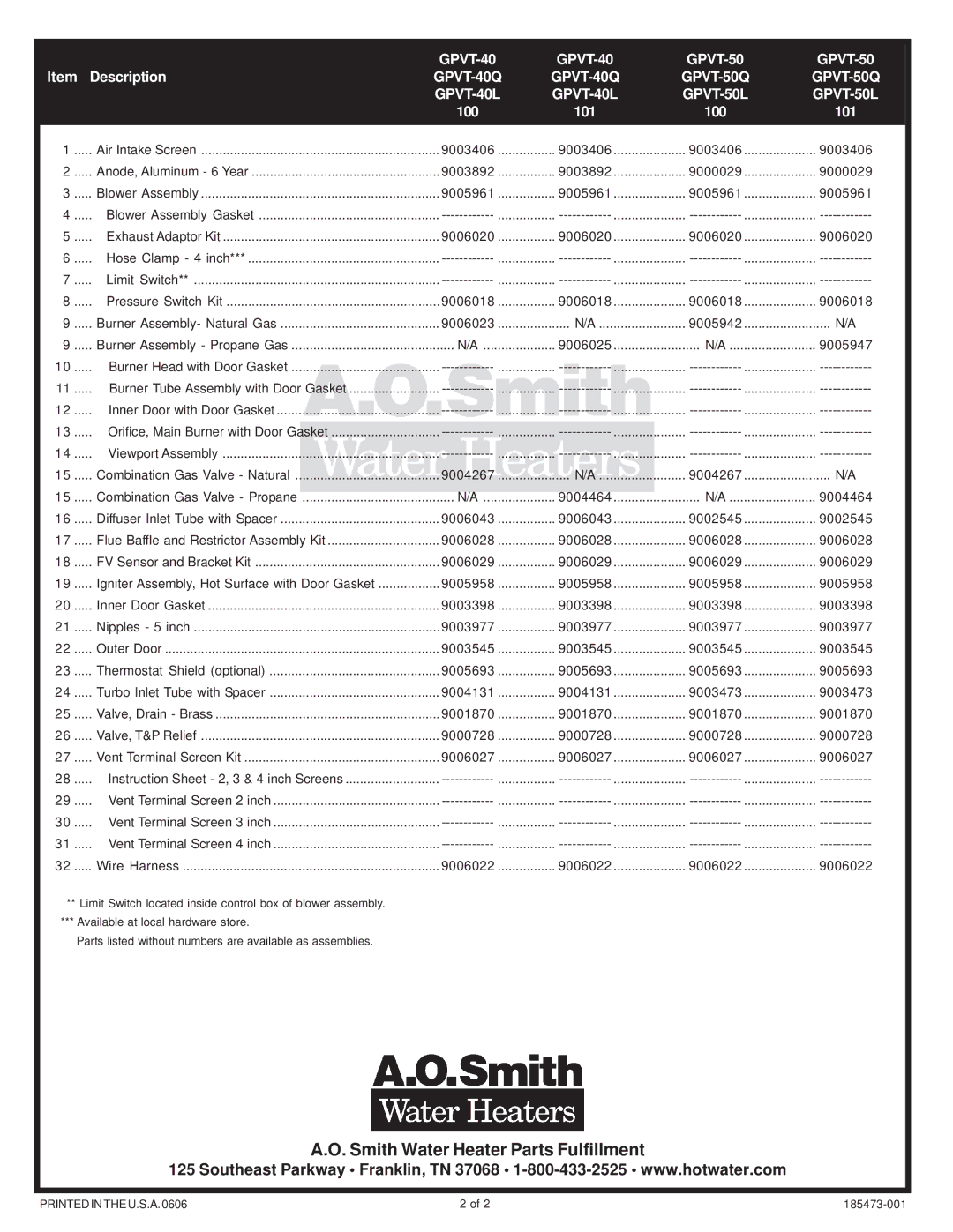 A.O. Smith GPVT 40 Smith Water Heater Parts Fulfillment, GPVT-40 GPVT-50, GPVT-40Q GPVT-50Q GPVT-40L GPVT-50L, 100 101 