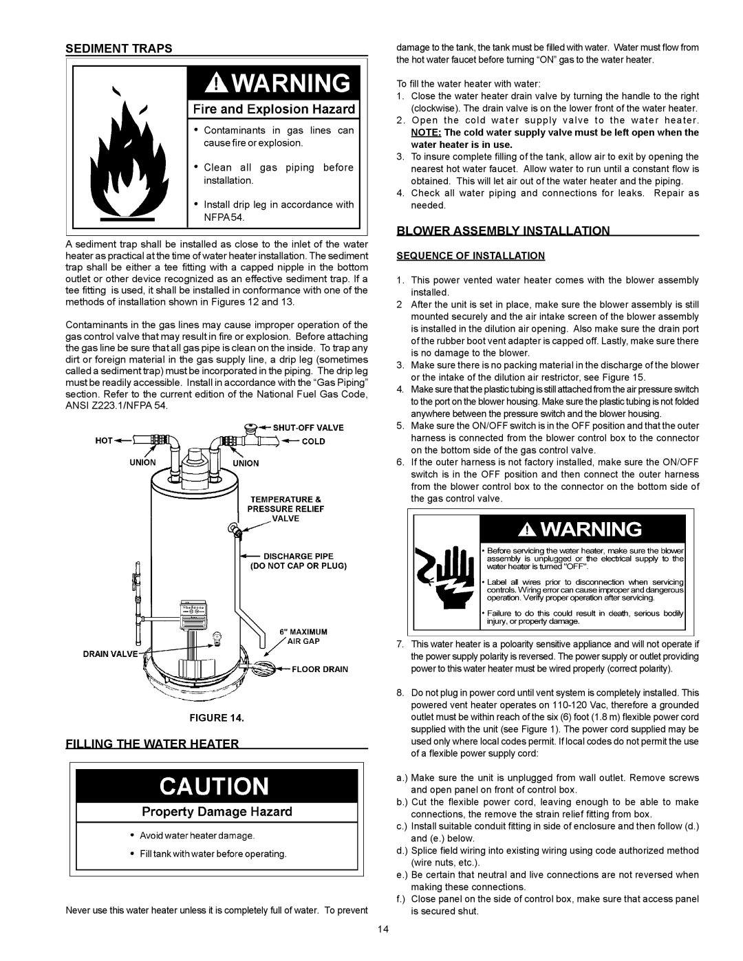 A.O. Smith 315465-000 Sediment Traps, Filling the Water Heater, Blower Assembly Installation, Sequence of Installation 