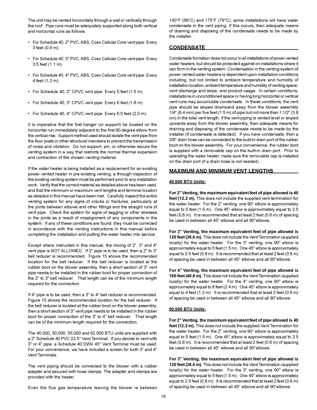 A.O. Smith GPVR-40 Series 102, GPVX-50, GPVH-50, 315465-000, GPVR-50, 185237-004 Condensate, Maximum and Minimum Vent Lengths 