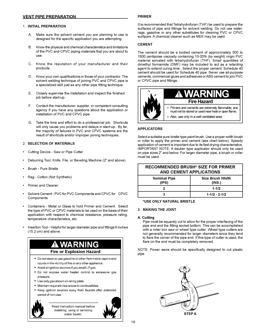 A.O. Smith GPVH-50, GPVX-50, 315465-000 Vent Pipe Preparation, Recommended BRUSH* Size for Primer Cement Applications 