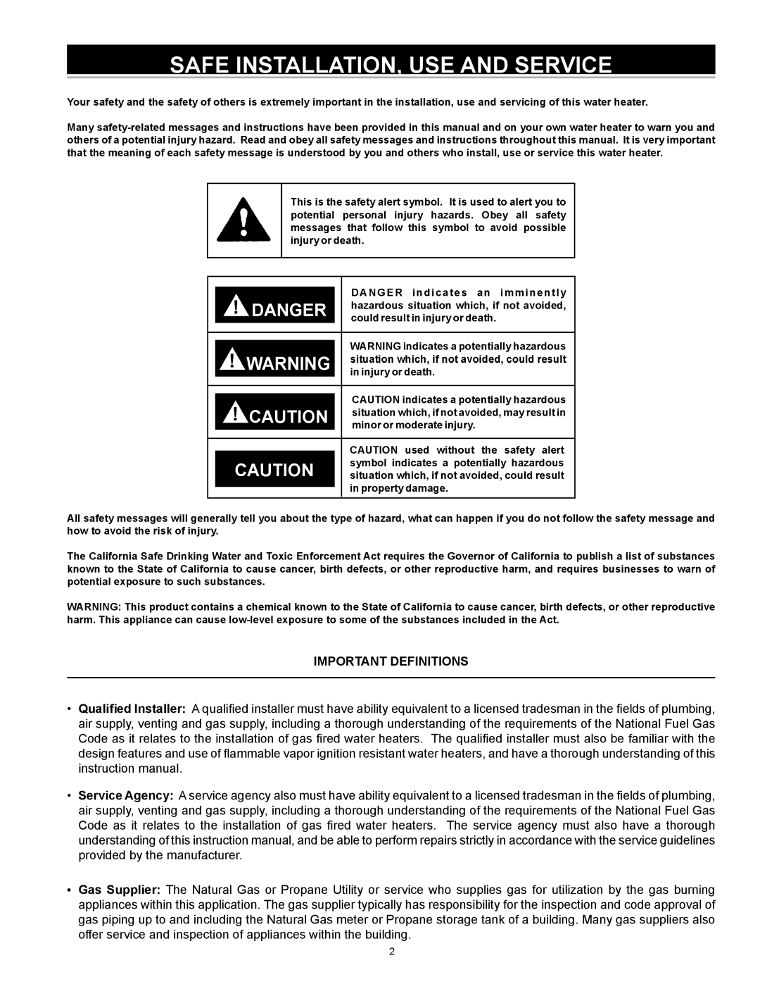 A.O. Smith 315465-000, GPVX-50, GPVH-50, GPVR-50, 185237-004 Safe INSTALLATION, USE and Service, Important Definitions 