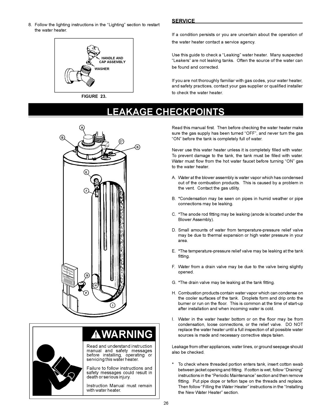 A.O. Smith 315465-000, GPVX-50, GPVH-50, GPVR-50, GPVR-40 Series 102, 185237-004 instruction manual Leakage Checkpoints, Service 