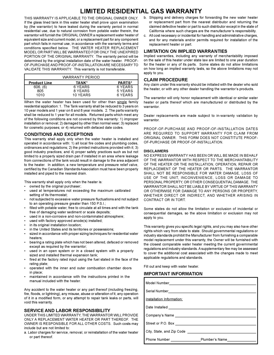 A.O. Smith GPVH-50, GPVX-50 Conditions and Exceptions, Service and Labor Responsibility, Limitation on Implied Warranties 