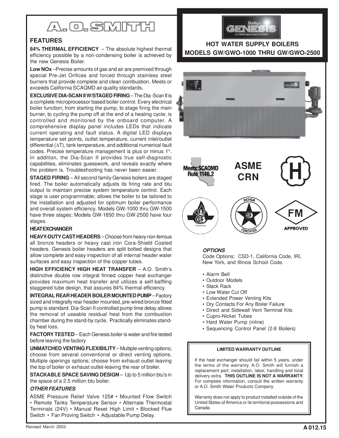 A.O. Smith GW/GWO-1000, GW/GWO-2500 warranty Features, Limited Warranty Outline 