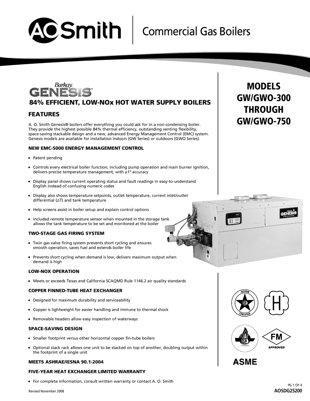 A.O. Smith GW/GWO-300 warranty NEW EMC-5000 Energy Management Control, TWO-STAGE GAS Firing System, SPACE-SAVING Design 