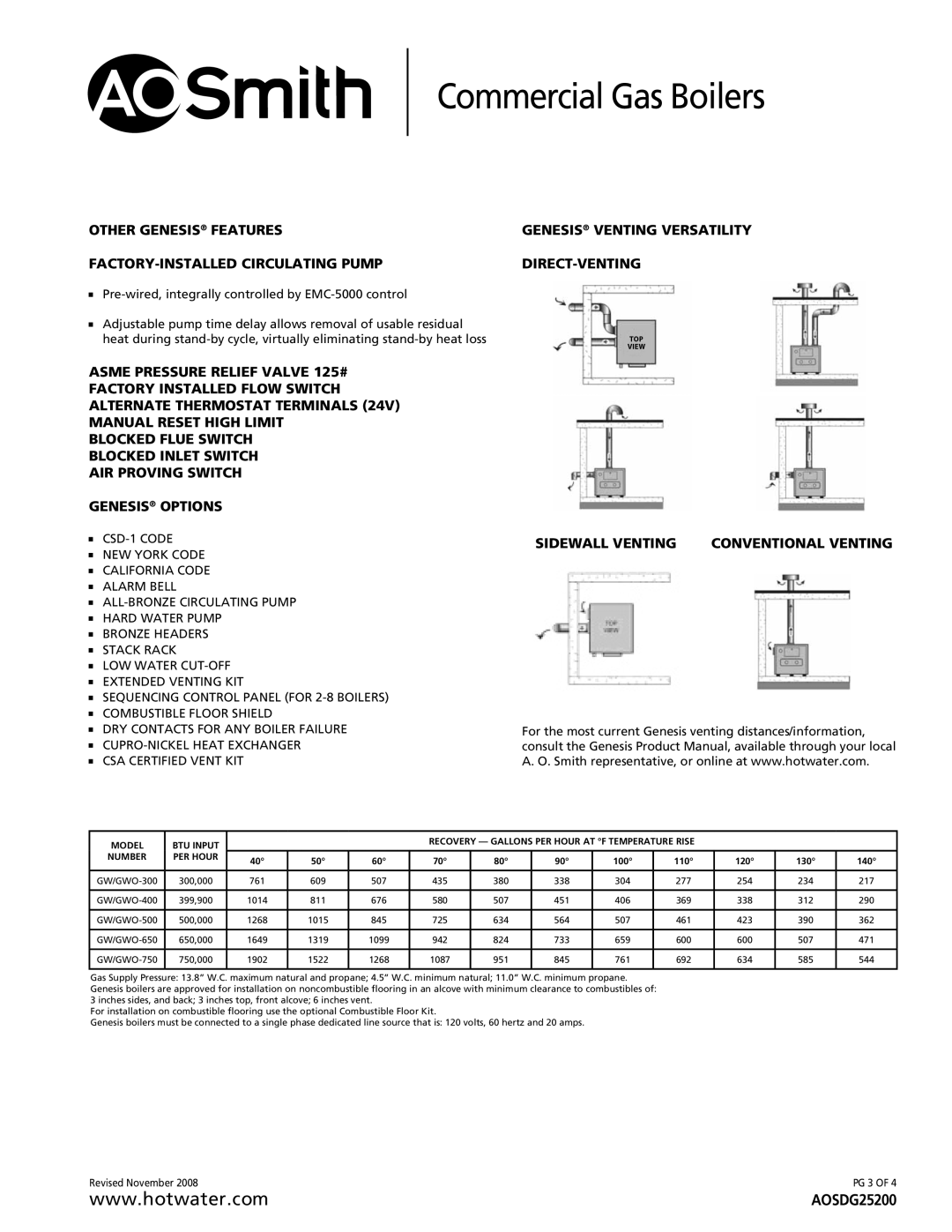 A.O. Smith GW/GWO-300, GW/GWO-750 warranty Other Genesis Features FACTORY-INSTALLED Circulating Pump 